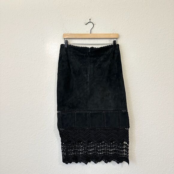 SAO PAULO Suede Midi Skirt Black Crochet Trim Retro Gothic 90s - Picture 2 of 11